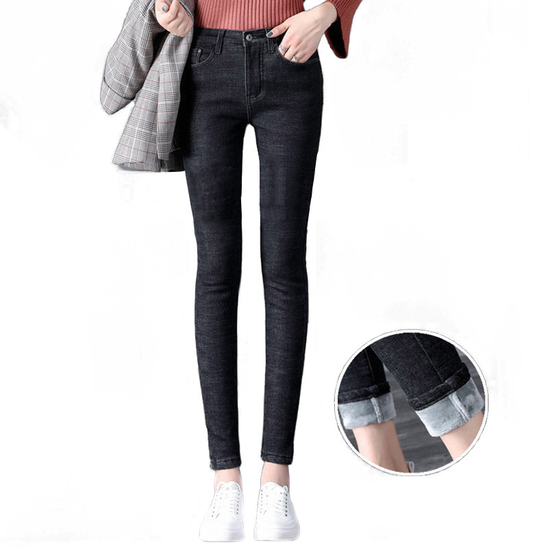 Womens Fleece Jeans with Pockets High Waist Stretch Trousers-1677-Black