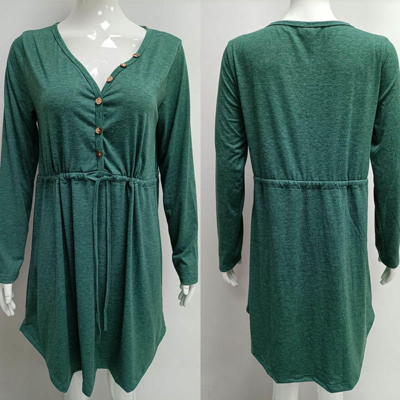 Ladies Casual V Neck Button Long Sleeve Tunic Dress-Green