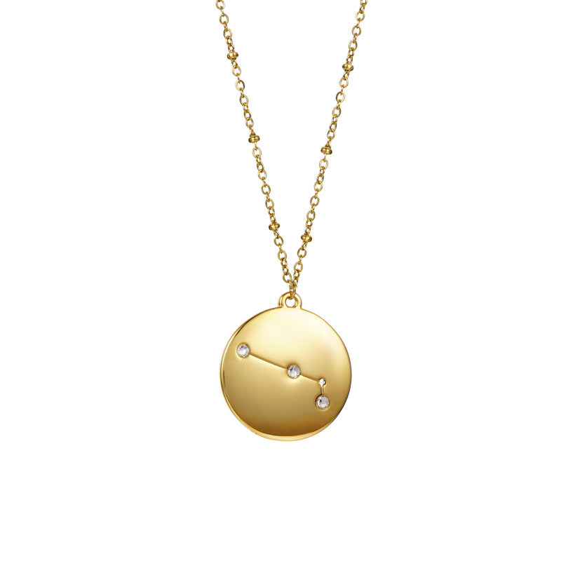 12 Constellation Coin Disc Gold Necklace Engraving Astrology Pendant-Aries