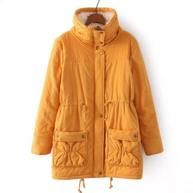 Women's Mid Length Winter Coat Thickened Warm Lamb Wool Lined Jacket-Yellow