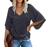 Womens Solid Color Simple V Neck Mid Sleeve T-Shirt-Gray