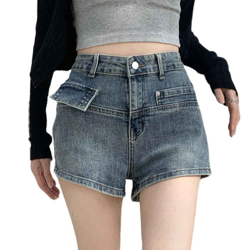 Womens High Waisted Denim Shorts Frayed Distressed Summer Slim Fit Jeans-Blue