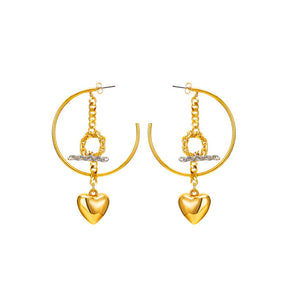 C-shaped Chain Earrings Love Pendant Two Tone Earrings