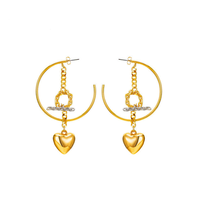 C-shaped Chain Earrings Love Pendant Two Tone Earrings