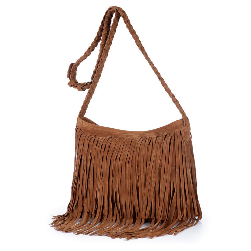 Suede Tassel Messenger Bag Women Hobo Shoulder Bags-Brown