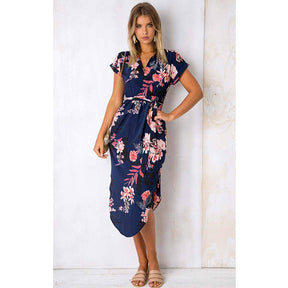 Womens Sexy Dresses Summer Casual V-Neck Printing Pattern Belted Slim Dress-Blue