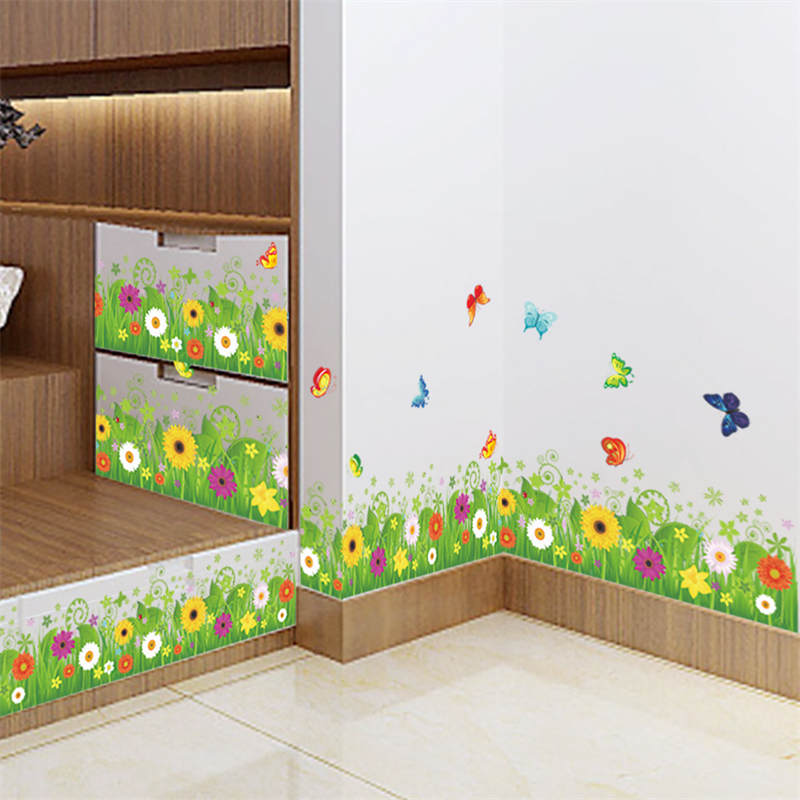 Removable Beautiful Green Sunflower Flowers Grass with Butterfly Home Art Decor Wall Stickers