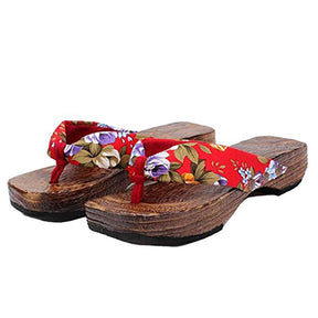 Womans Japanese Traditional Slip On Clogs Flip Flop Sandals-Red