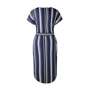 Womens Sexy Dresses Summer Casual V-Neck Printing Pattern Belted Slim Dress-Blue Strips