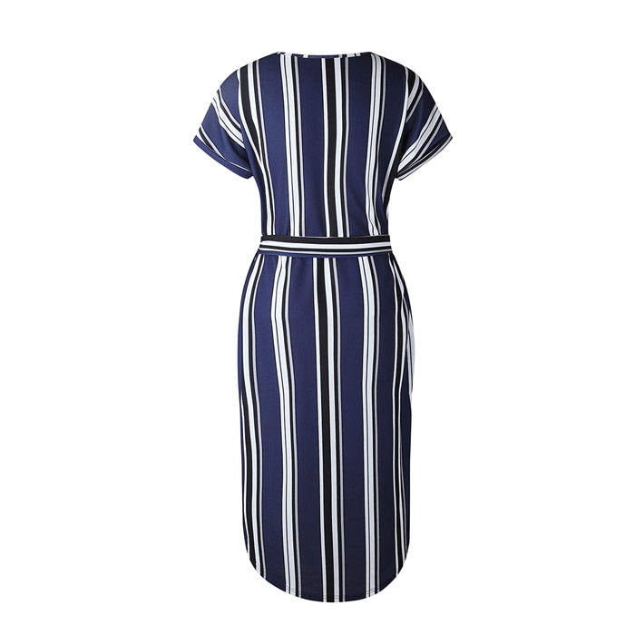 Womens Sexy Dresses Summer Casual V-Neck Printing Pattern Belted Slim Dress-Blue Strips