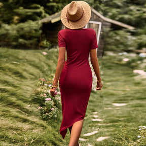 Womens Dress Slit Knit Bodycon Short Sleeve Solid Color Midi Dress-Red