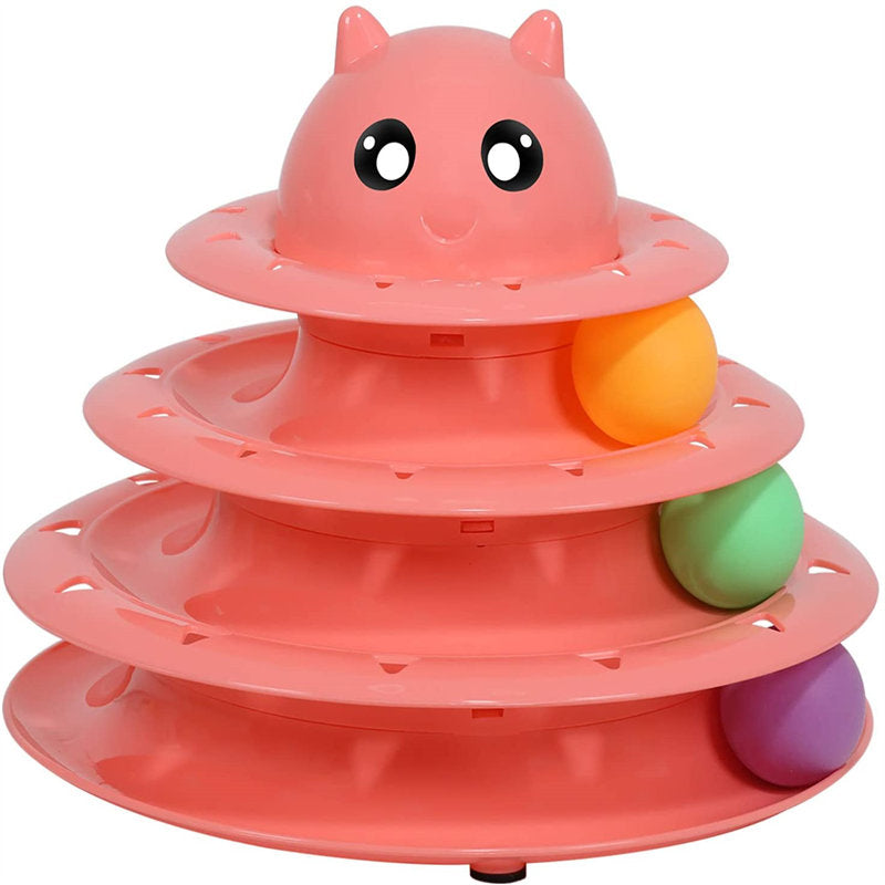 Cat Toy Roller 3-Level Turntable with Six Colorful Balls Interactive Puzzle Kitten Toys-Pink