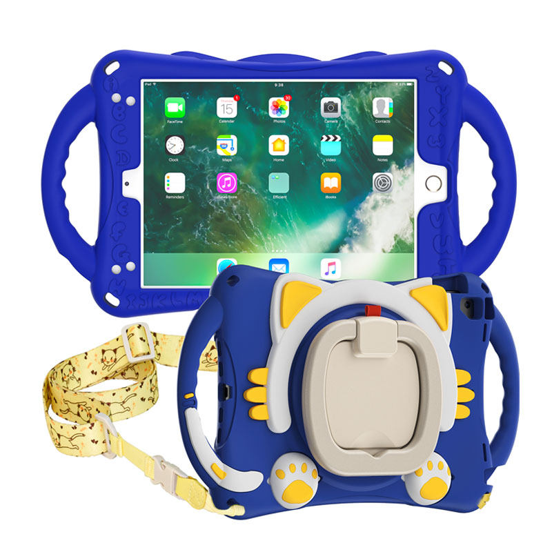 CatB Silicone Case For iPad Pro 9.7 inch Air1/2 Shockproof Shoulder Strap Handle Stand-Dark Blue