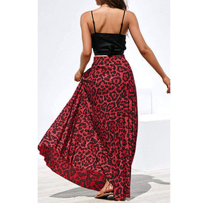 Women's Gold Velvet Fashion Leopard Printing Maxi Skirt High Elastic Shirring Waisted Dress-Red