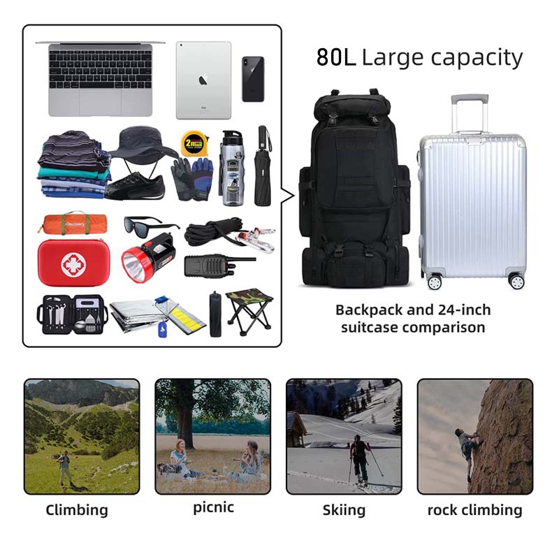 80L Waterproof 2-in-1 Detachable Backpack for Camping-Black