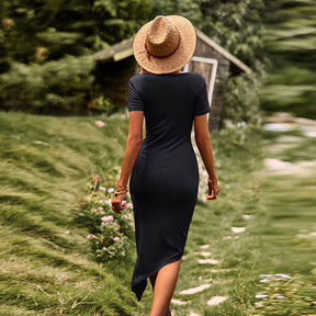 Womens Dress Slit Knit Bodycon Short Sleeve Solid Color Midi Dress-Black