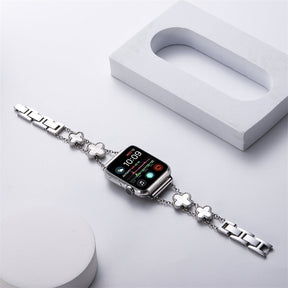 Apple Watch Band Luxury Four-leaf Clover Thin Stainless Steel for iWatch Series SE/6/5/4/3/2/1-Silver+White
