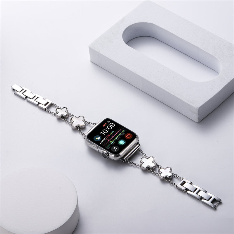Apple Watch Band Luxury Four-leaf Clover Thin Stainless Steel for iWatch Series SE/6/5/4/3/2/1-Silver+White