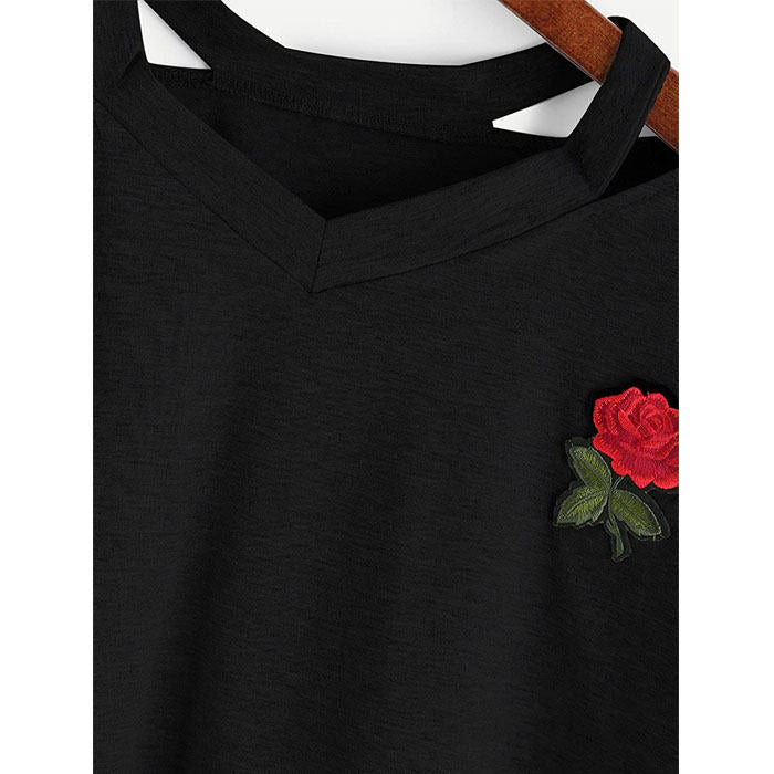 Fashion Embroidery Teen Girls Rose Crop Top Short Sleeve T-Shirt-Black