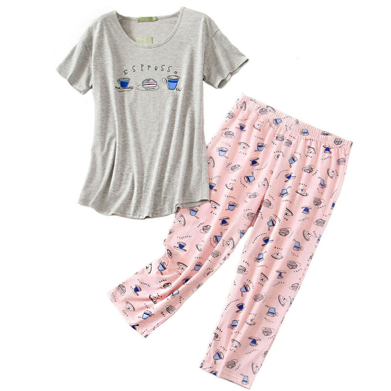 Womens Short Sleeve Casual Prints Pajama Cropped Trousers Set-Gray Pink Blue Cup