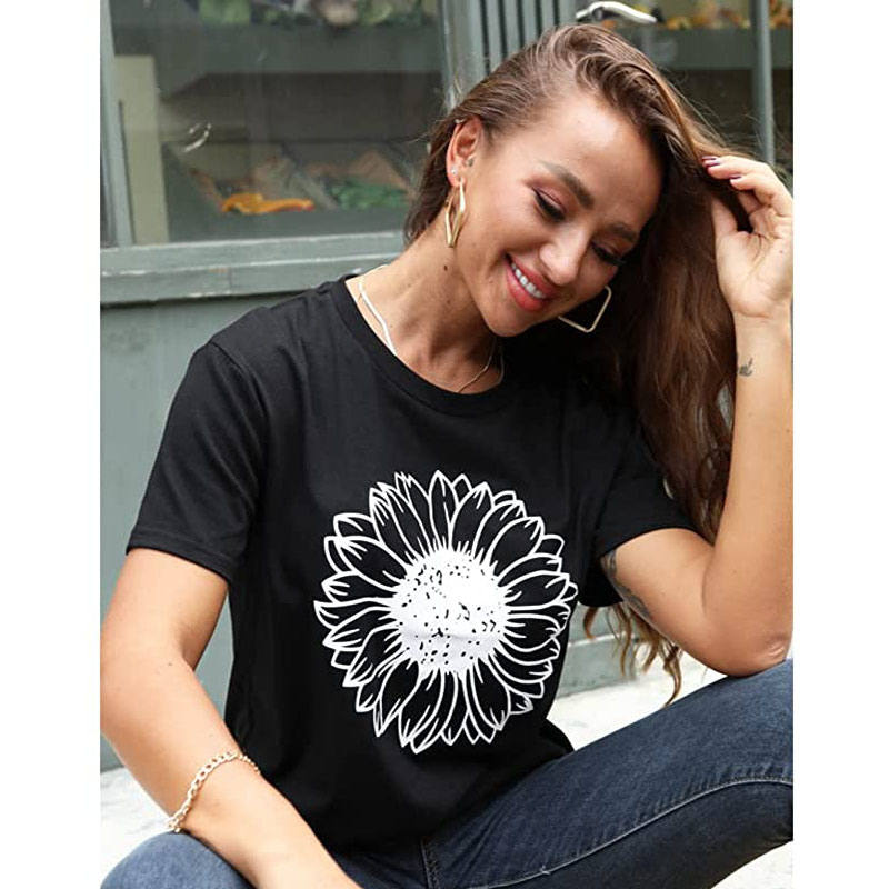 Womens Sunflower Summer Short Sleeve T-shirt Loose Casual Top-Black