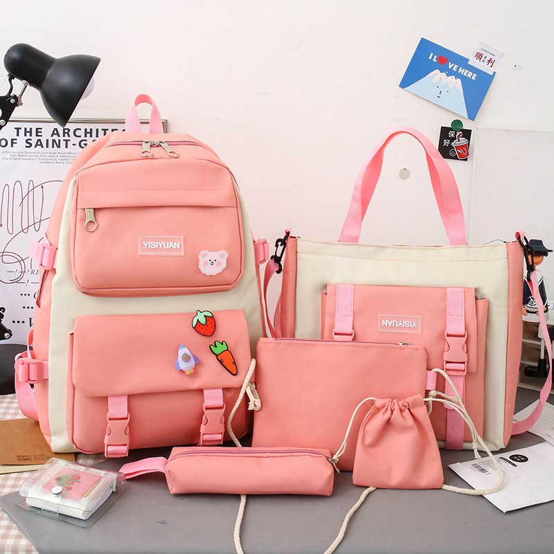 5Pcs Kawaii Backpack Set with Pendants Pins for School Teens-Pink