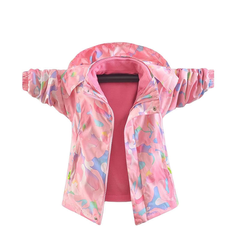 Girls Outdoor Jacket Floral Fleece Removable Light Windproof with Hood-Pink