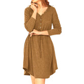 Ladies Casual V Neck Button Long Sleeve Tunic Dress-Khaki