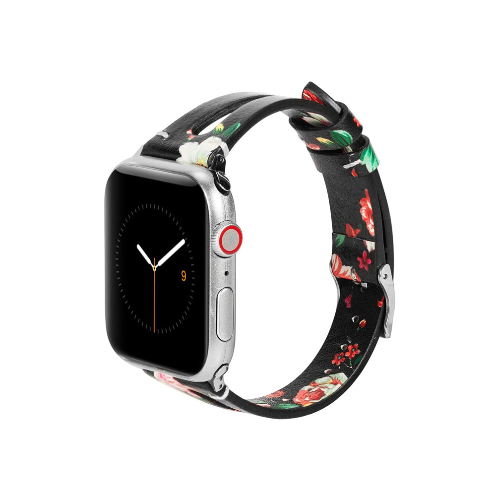 Fashion Triangle Hole Leather Watch Band For Apple Watch SE/6/5/4/3/2/1(Red Flower)