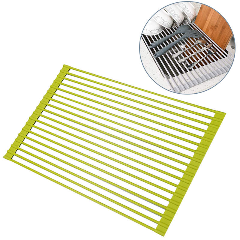 Over The Sink Multipurpose Roll-Up Dish Drying Rack 43*33CM-LightGreen