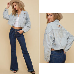 Womens Denim Jacket with Fringe Rhinestones Crop Casual Coat-LightBlue