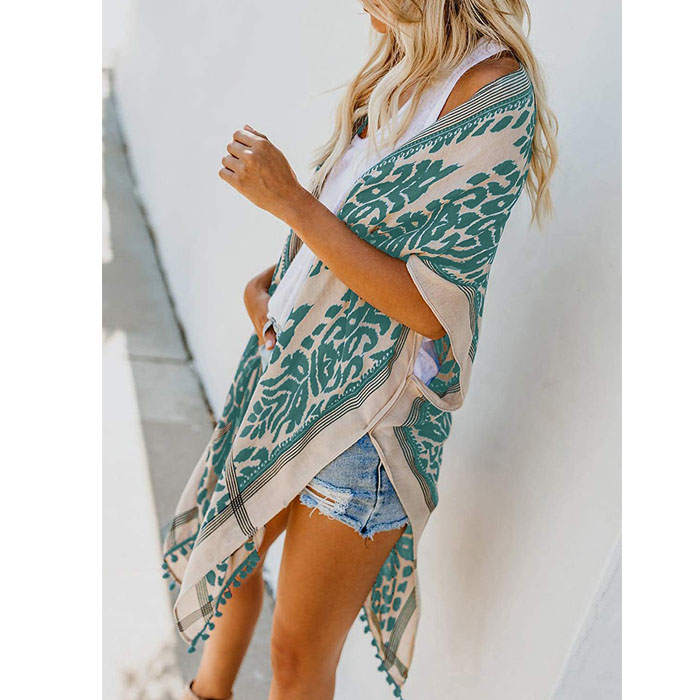 Women Print Kimono Tassel Casual Cardigan V Neck Loose Swimsuit Cover Up Beachwear-Green