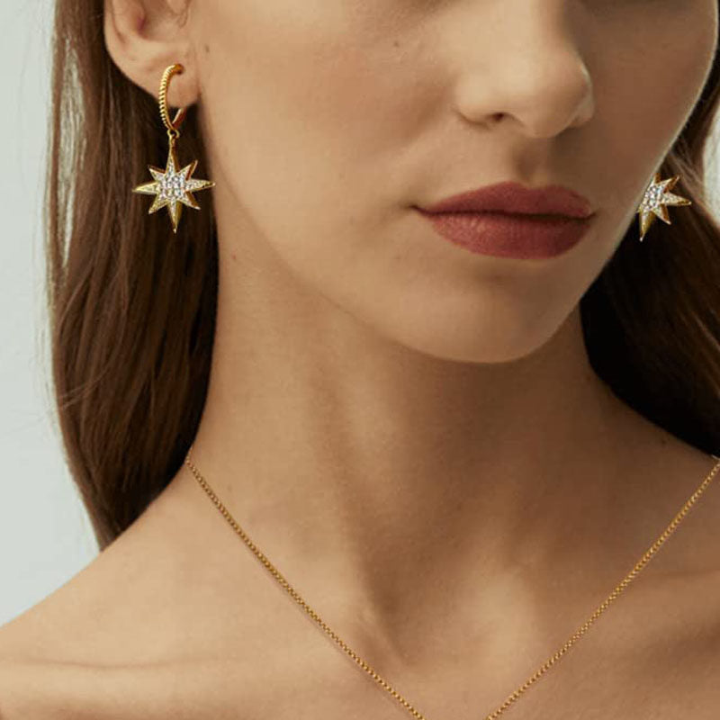 Pair of Cute Star Dangle Hoop Earrings for Women-Gold