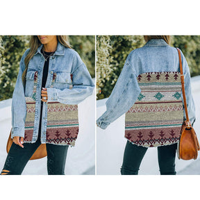 Aztec Denim Jacket for Women Distressed Lapel Long Sleeve Coat-Green