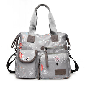 Womens Lightweight Floral Top Handle Handbag Multi-pockets Nylon Shoulder Bag-Grey