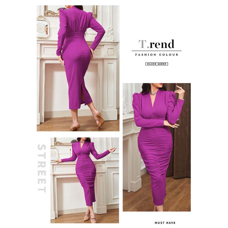 Lookbook Womens Long Sleeved V Neck Wrap Dress Ruched Bodycon for Party