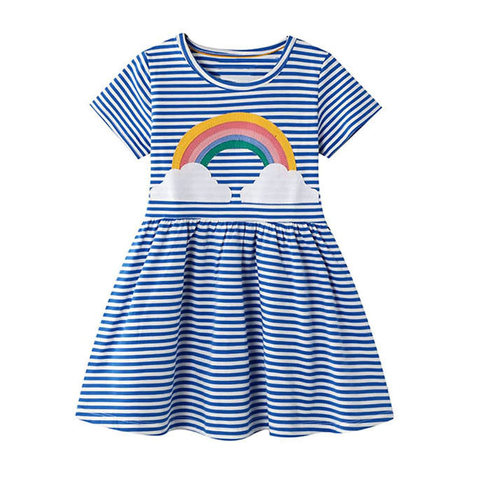 Girls Cotton Short Sleeve Casual Cartoon Appliques Striped Jersey Dresses-Blue