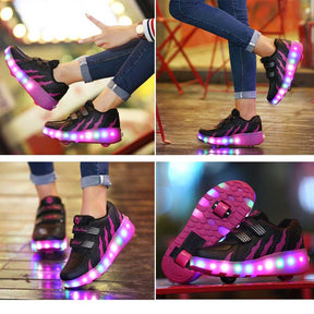 Rechargeable LED Light Shoes Roller Skates for Kids-028 Black Pink