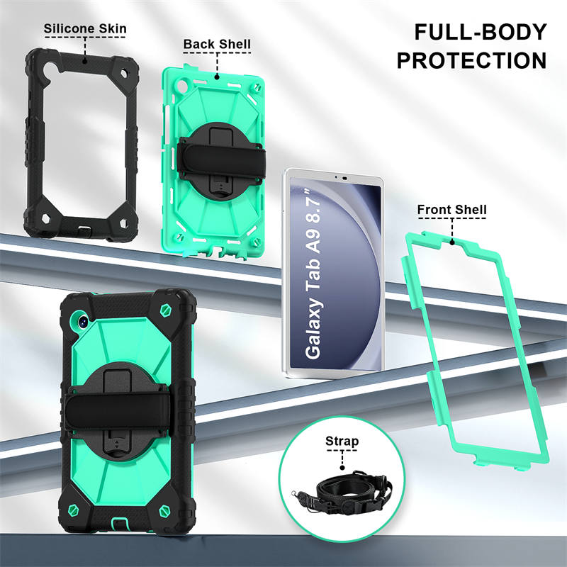 Rugged Tablet Case with Stand and Shoulder Strap for Samsung Galaxy A9-MintGreen