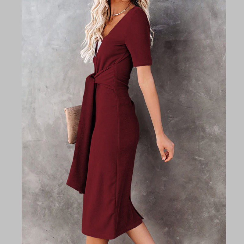 Womens Elastic Cocktail Party Elegant Dress Body Dress With Belt-WineRed