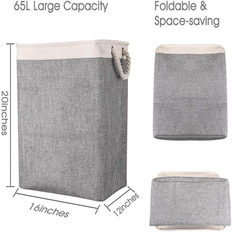 65L Collapsible Linen Laundry Basket with Rope Handle For Bathroom,Toys and Clothing Organization - Beige+Gray