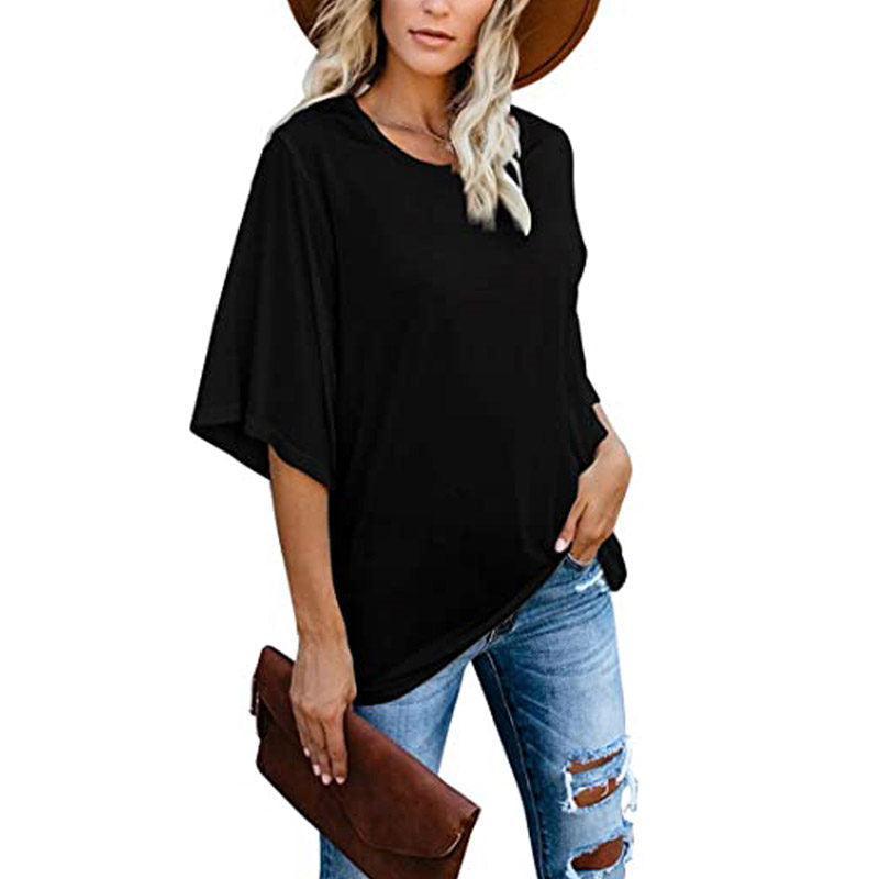 Womens Solid Color Simple V Neck Mid Sleeve T-Shirt-Black