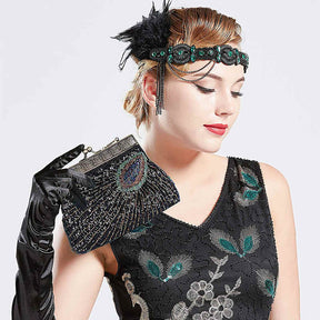 Peacock Clutch Sequined Beaded Evening Handbag-Black