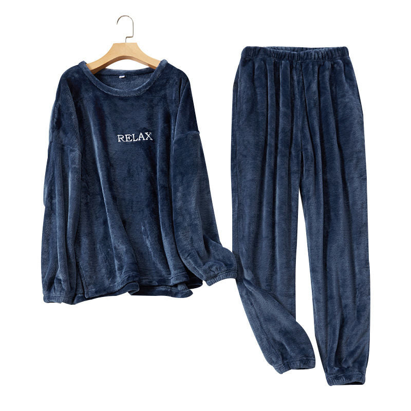 Crew Neck Flannel Pajamas Set for Women-Navy Blue