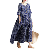 Casual Cotton Dress Women Linen Print Spliced Round Neck Literature And Art Maxi Dress