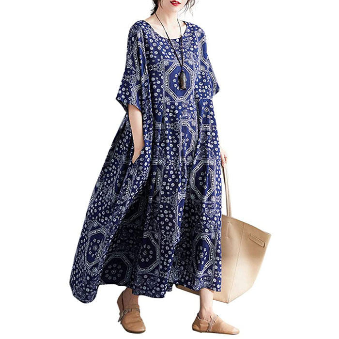 Casual Cotton Dress Women Linen Print Spliced Round Neck Literature And Art Maxi Dress