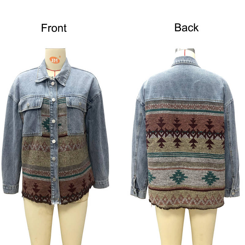 Aztec Denim Jacket for Women Distressed Lapel Long Sleeve Coat-Green