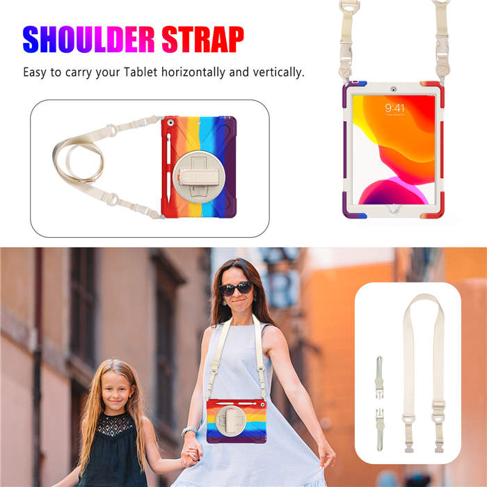 iPad Case With Pencil Stand+Rotating Stand+Shoulder Strap For iPad10.2 Inch 2020/2019-Red