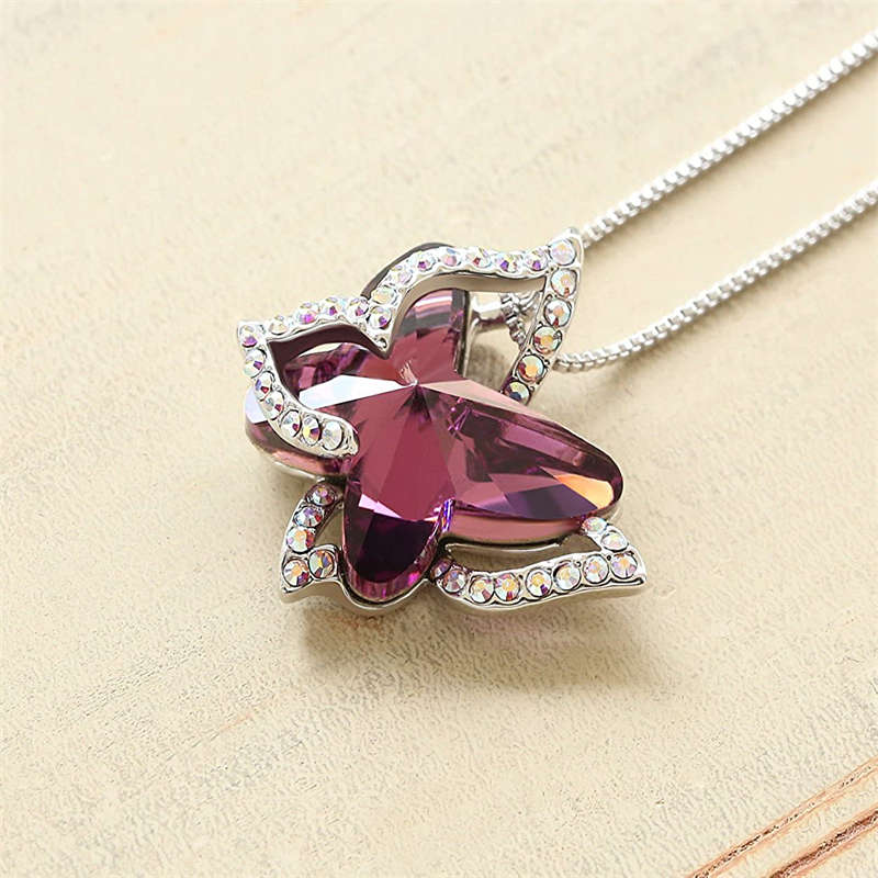 Butterfly Birthstone Crystal Pendant Necklace Gifts for Women Girls-PurpleRed