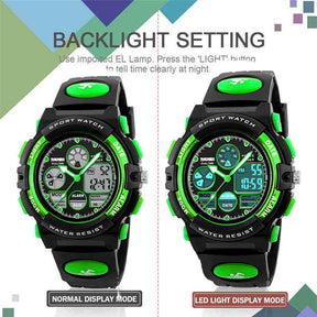 LED Multi Function Sports Waterproof Watch for Kids-Green